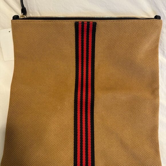 CLARE V. Perforated Suede Foldover Clutch Bag Camel Tan W/ Stripe NEW. - Picture 6 of 7